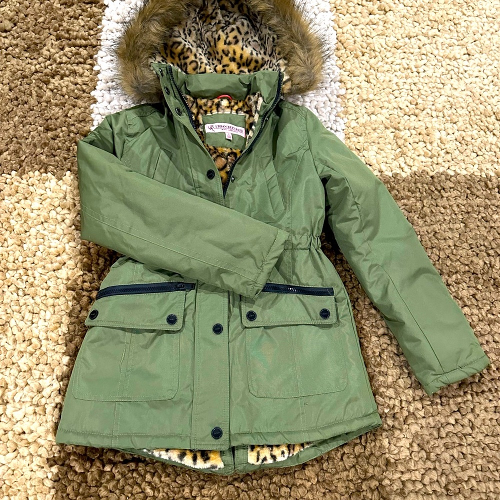 COPY - Girls Winter Coat with thick animal print fleece lining. Size 14